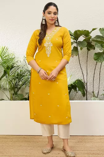 Yellow color silk blend embroidery long kurta