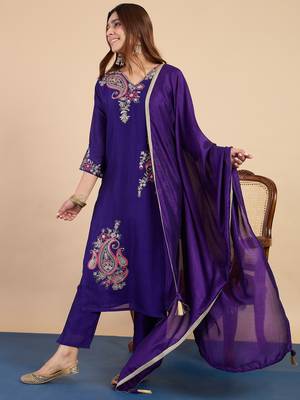 Purple color stylish silk blend embroidered graceful partywear dress 1
