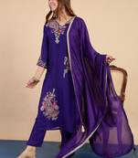 Purple color stylish silk blend embroidered graceful partywear dress