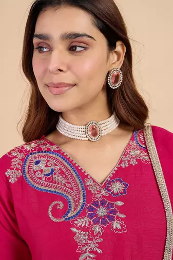 Pink color stylish silk blend embroidered graceful partywear dress