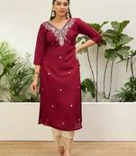 Cherry color silk blend embroidery long kurta