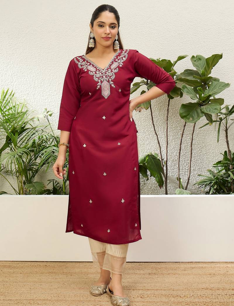 Cherry color silk blend embroidery long kurta