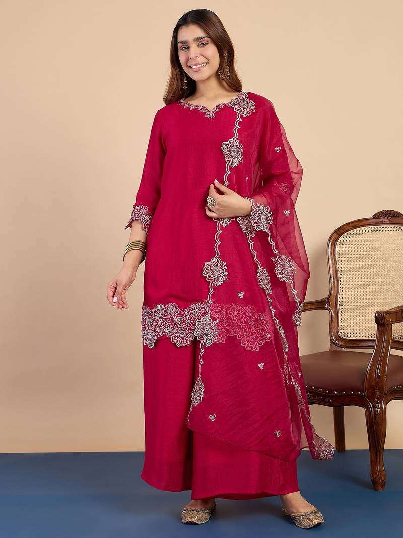 Pink color stylish silk blend embroidered graceful partywear dress
