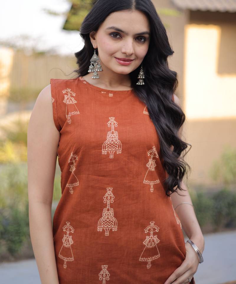 Rust color smart and top bottom kurta set for stylish fancy looks