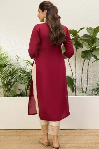 Cherry color silk blend embroidery long kurta
