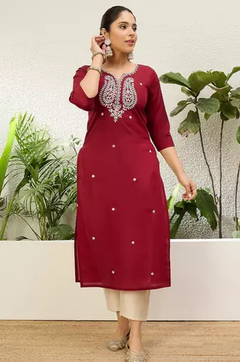 Cherry color silk blend embroidery long kurta