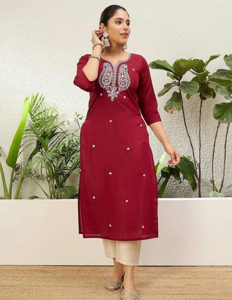 Cherry color silk blend embroidery long kurta
