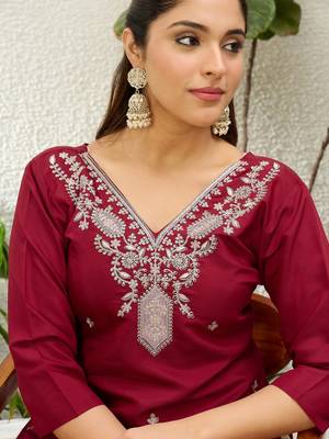 Cherry color silk blend embroidery long kurta 3