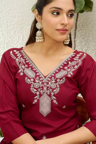 Cherry color silk blend embroidery long kurta