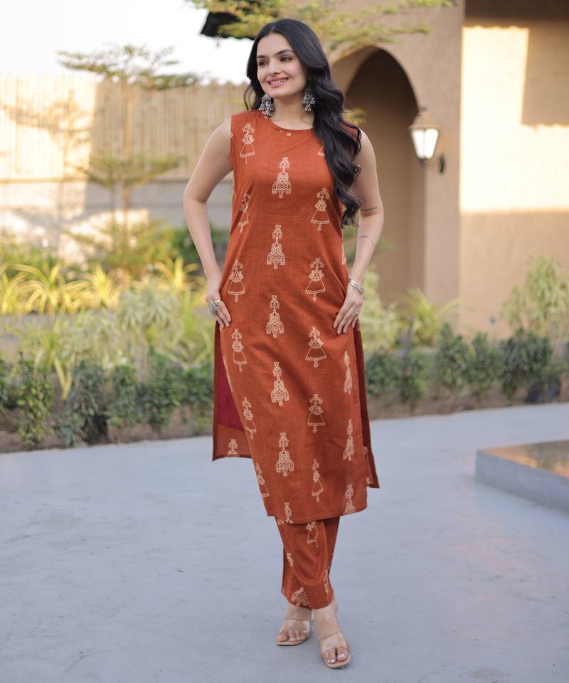 Rust color smart and top bottom kurta set for stylish fancy looks