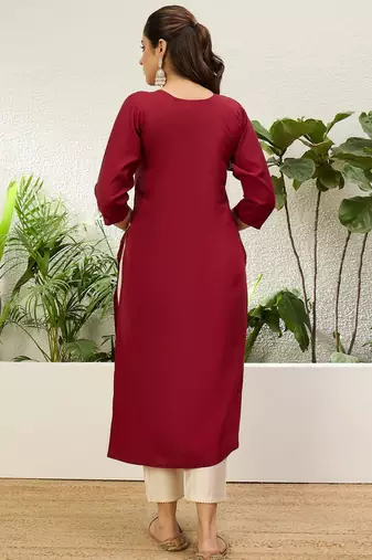 Cherry color silk blend embroidery long kurta