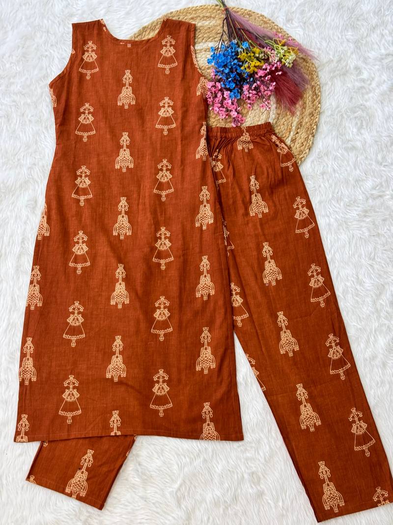 Rust color smart and top bottom kurta set for stylish fancy looks