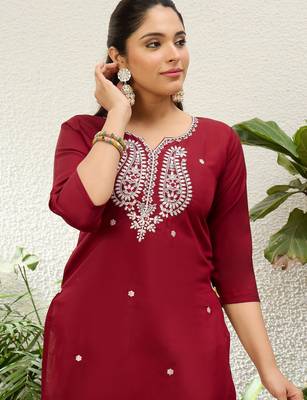 Cherry color silk blend embroidery long kurta 3