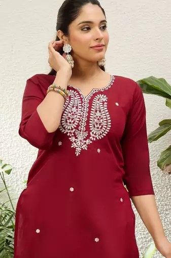 Cherry color silk blend embroidery long kurta