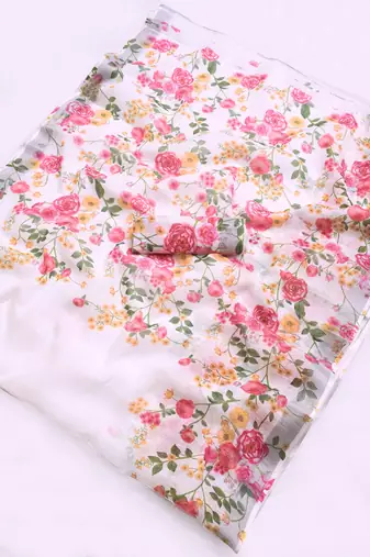 white printed pure cotton white saree with blouse