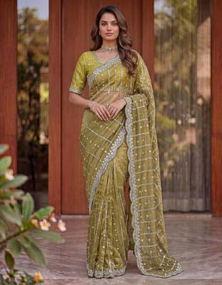 olive embroidered satin saree 3
