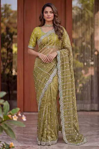 olive embroidered satin saree