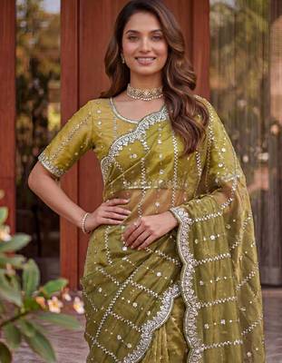 olive embroidered satin saree 4