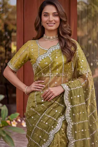 olive embroidered satin saree