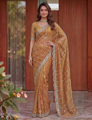 peach embroidered satin saree 3