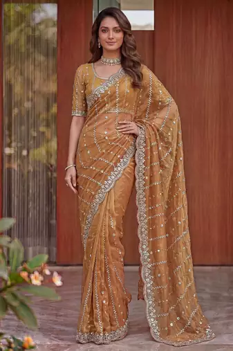 peach embroidered satin saree