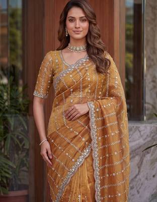 peach embroidered satin saree 4