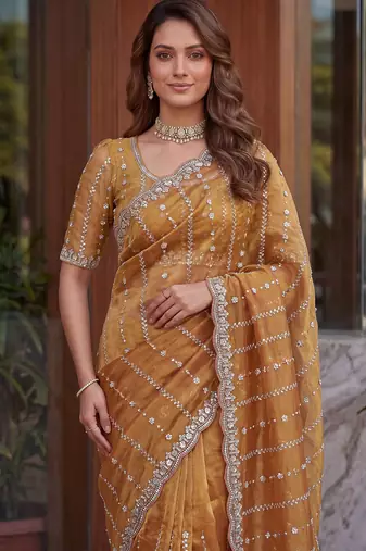 peach embroidered satin saree
