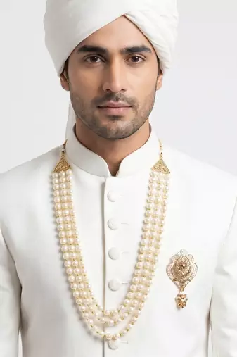   groom sherwani necklace moti mala layered for wedding | groom mala with brooch set