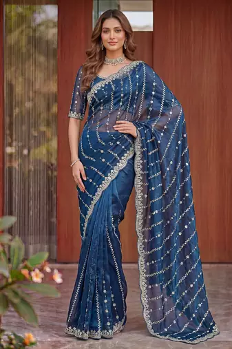 sky_blue embroidered satin saree