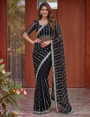 black embroidered satin saree 3