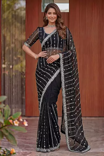 black embroidered satin saree