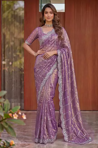 lavender embroidered satin saree