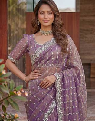 lavender embroidered satin saree 4
