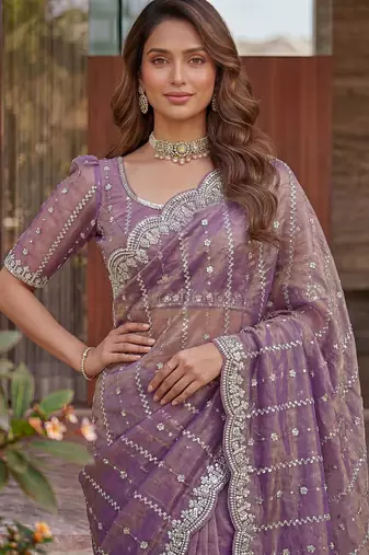 lavender embroidered satin saree