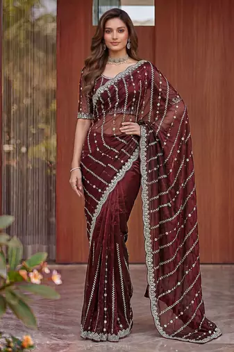 brown embroidered satin saree