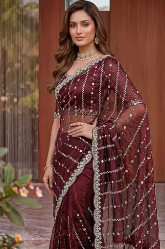 brown embroidered satin saree