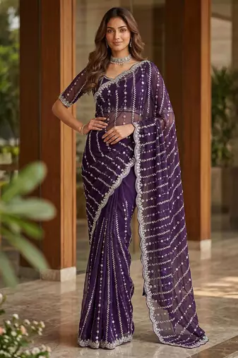 blue embroidered satin saree