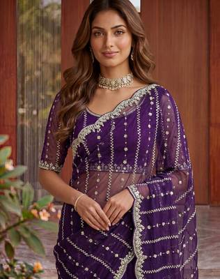 blue embroidered satin saree 4