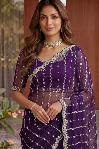 blue embroidered satin saree