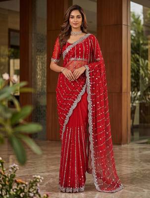 red embroidered satin saree 3