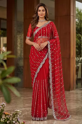 red embroidered satin saree