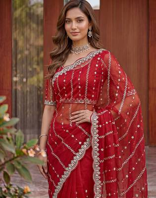 red embroidered satin saree 4