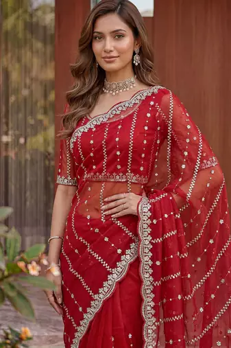 red embroidered satin saree