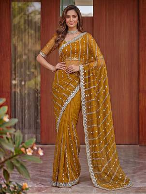 mustard embroidered satin saree 3