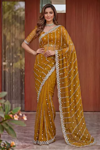 mustard embroidered satin saree