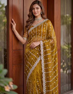 mustard embroidered satin saree 4