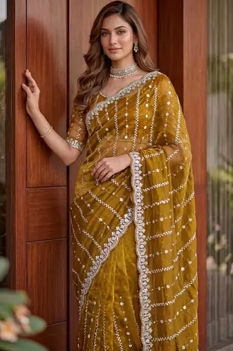 mustard embroidered satin saree