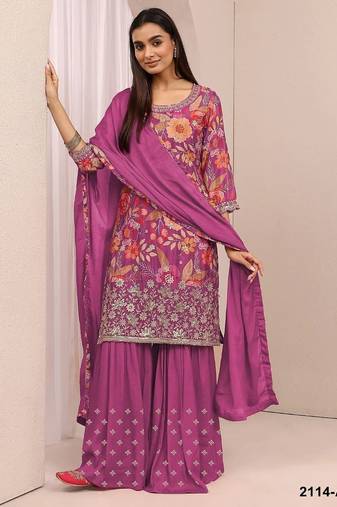 Magenta chinon silk semi stitched wedding suits