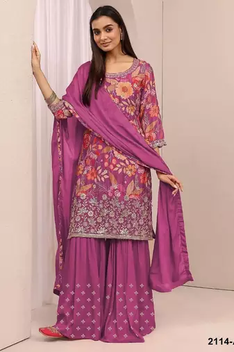 Magenta chinon silk semi stitched wedding suits