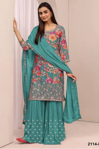Blue chinon silk semi stitched wedding suits